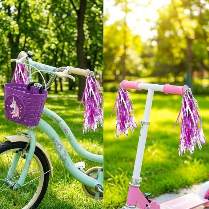 Kids Bike Bell with Streamers, Purple and Green, Unicorn and Dinosaur Theme, Bicycle Accessories