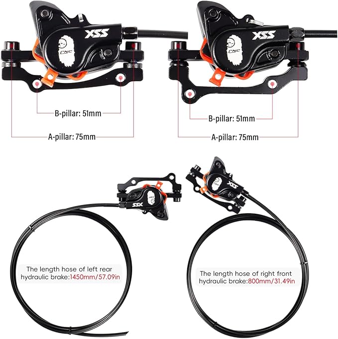 CNC MTB Hydraulic Disc Brake Set，Mountain Bike Hydraulic Disc Brakes Right Front 800mm Left Rear 1450mm Hydraulic Brake，Black