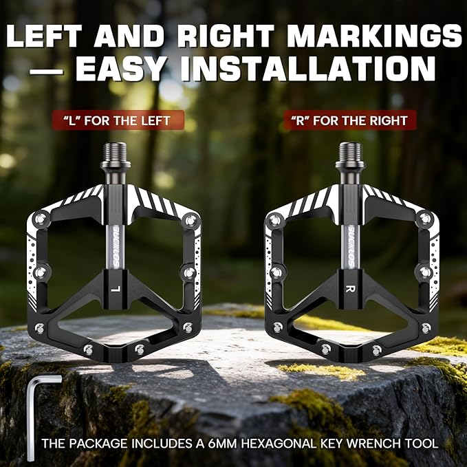 BUCKLOS Mountain Bike Flat Pedals Adult 9/16", Sealed Bearing Large Bicycle Pedal Aluminum Platform with Removable Anti-Skid Nails and Reflectors for MTB Road Gravel BMX Ebike Bikes
