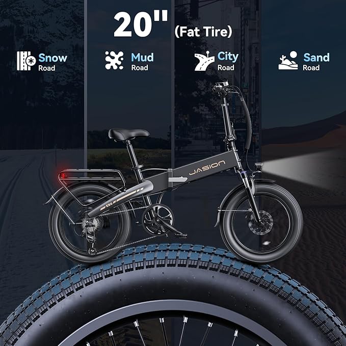 Jasion Electric Bike for Adults, 1000W Peak Motor Foldable Ebike, Aluminum 20'' Fat Tire Electric Bicycle Built-in 48V Removable Battery, EBS Commuter E Bikes up to 23 MPH & 45 Miles Max Range