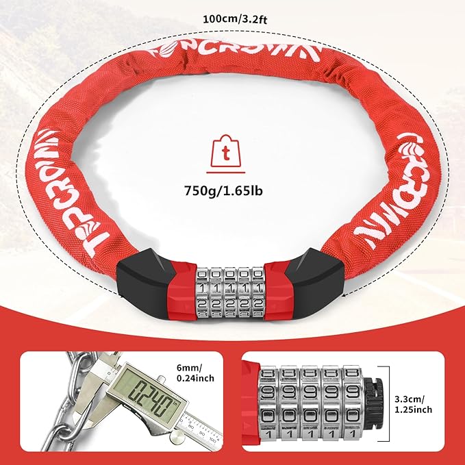 Bike Chain Lock Upgrade Metal Digital Dials 3.2Ft Long High Security Heavy Duty Anti Theft, 5 Digit Combination Keyless Bicycle Lock for Bike/Electric Scooter/Ebike/Motorcycle(Red)