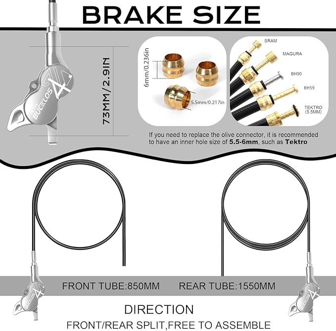 BUCKLOS MTB Hydraulic Disc Brake Set 4 Pistons Front 850mm and Rear 1550mm Hydraulic Brakes with Aluminum Alloy Lever with Caliper Ceramic Brake Pad Fit Mountain Bike,Ebike,Fat Bike HB-CP4 (Pre-Bled)
