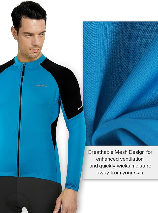 BERGRISAR Men's Basic Cycling Jerseys Long Sleeves Bike Bicycle Shirt Zipper Pockets BG012
