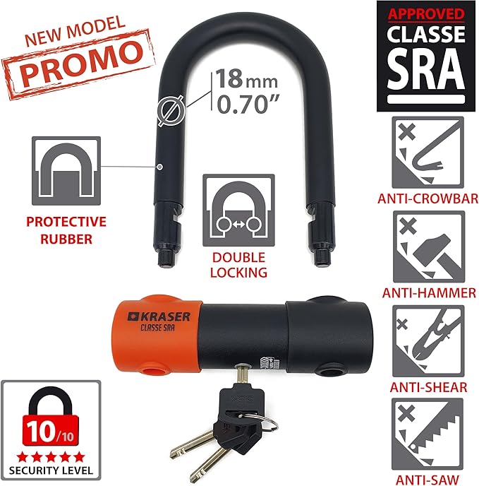 KRASER KR85S Robust U Lock, SRA Approved, High Security Tested, 85X120mm/3.34x4.72in ø18mm/0.7in Double Locking Shackle, Anti-Pick Lock, Anti Theft U Lock for Motorcycle, Scooter, Electric Bike