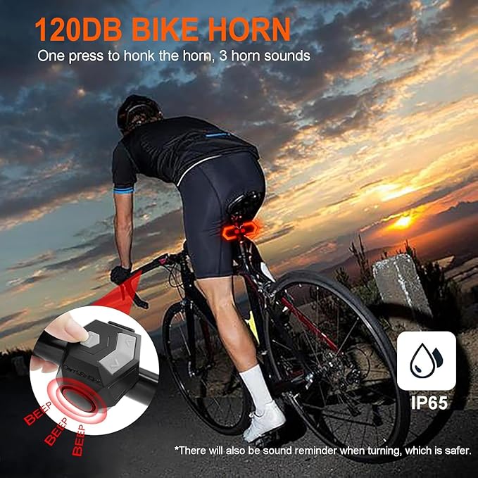 GOLDFOX Bike Turn Signals Front and Rear, USB Rechargeable Bike Tail Light with Bicycle Horn, Wireless Waterproof Bike Rear Light for for Road Cycling Safety
