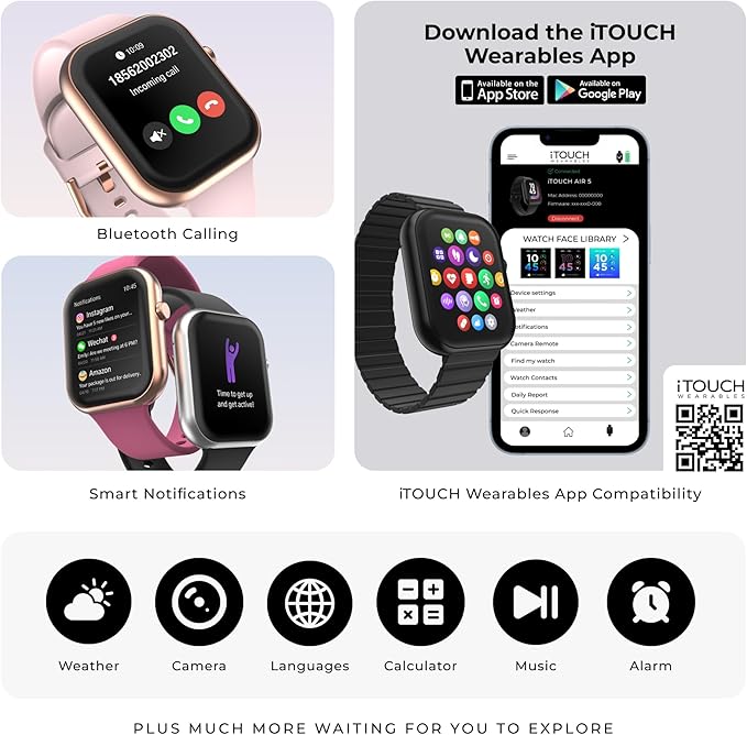 iTouch AIR 5 Smartwatch - 1.85" AMOLED Display, Bluetooth Calling, 100+ Sports Modes, Heart Rate, SpO2, Sleep & Stress Tracking, IP68, 7-Day Battery Life (Silver Case w/Lavander Silicone Band)