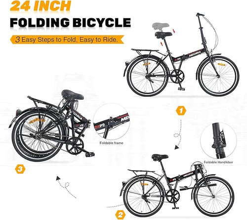 24 inch Folding Bike Single Speed V Brake City Commuter Bicycle with Mudguard for Men Women Daily Commuting