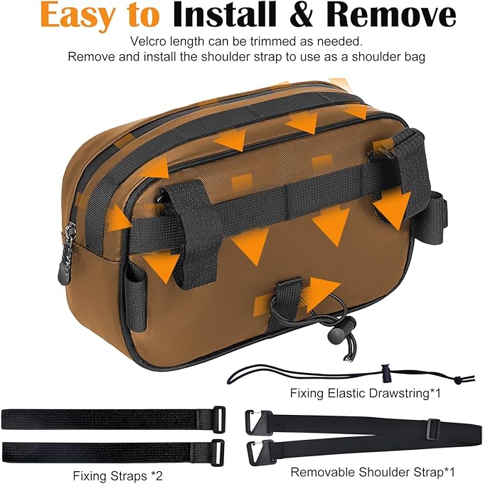 Bike Handlebar Bag, EVA Waterproof Bike Front Bag, 3.2L Bicycle Frame Storage Bag Waist Shoulder Bag, Bike Pouch for Road Mountain Bicycle Cycling Travel Hiking (Brown)