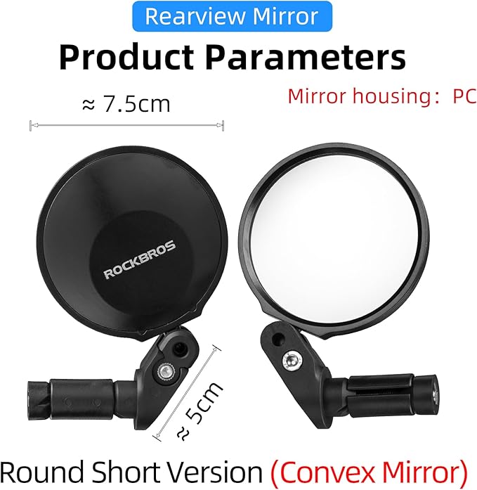 ROCKBROS Handlebar Bike Mirror, 360°Adjustable Safety Bicycle Rear View Mirror, Scratch Resistant Glass Lens Mirror(Short)