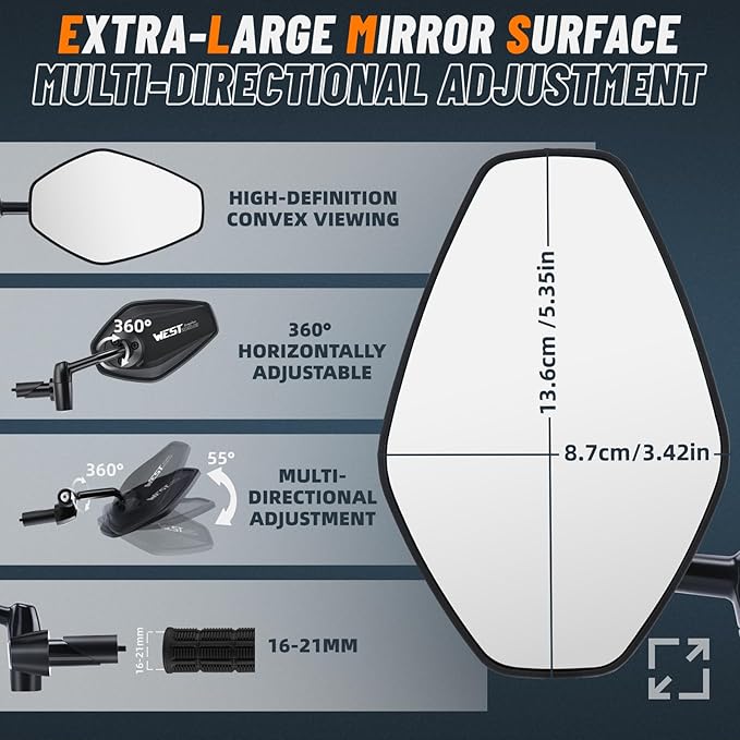 West Biking Bike Mirror, 360° Adjustable HD Shatterproof Bicycle Mirror, Aluminium Alloy Mirror Stem Provides Exceptional Stability,Handlebar-End Rear-View Mirror Suitable For E-Bike(Left)