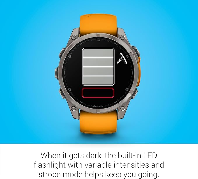 Garmin Fenix 8 Premium Multisport GPS Running Smartwatch, 47 mm | AMOLED, Dive-Rated, Built-in Flashlight | Titanium with Spark Orange/Graphite Band with Signature Series Charging Stand