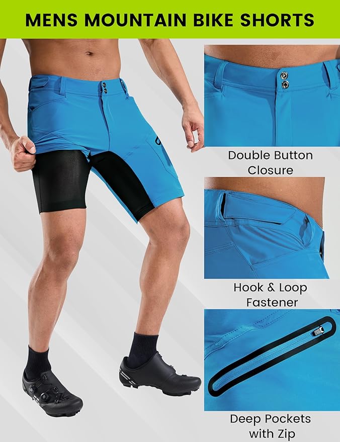 Nepest Mens Mountain Bike Shorts 3D Padded MTB Bicycle Riding Cycling Short Padding Liner Baggy Quick Dry,Zip Pockets