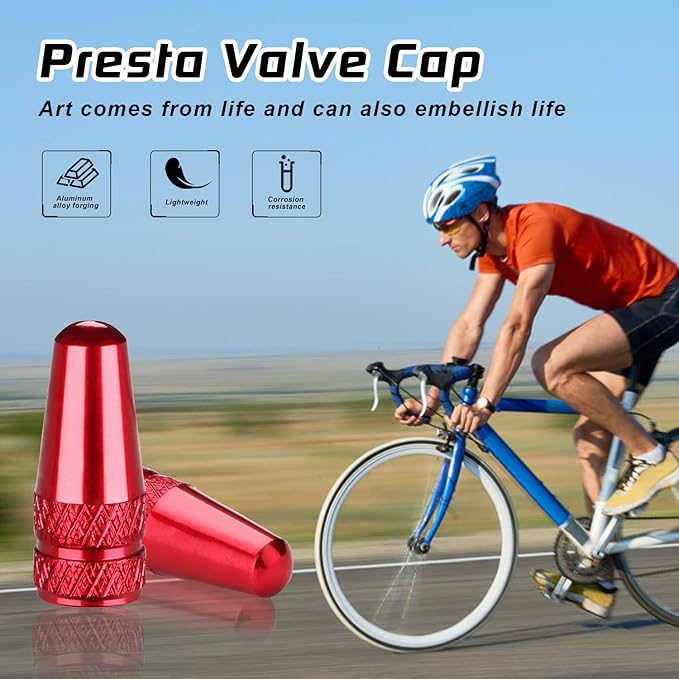Aluminum Presta Valve Stem Caps – Red Tire Air Dust Covers for Bike (4 Pack) – Fit French Valves on Road, MTB, Hybrid, Racing, Fitness, Folding & Fat Bikes