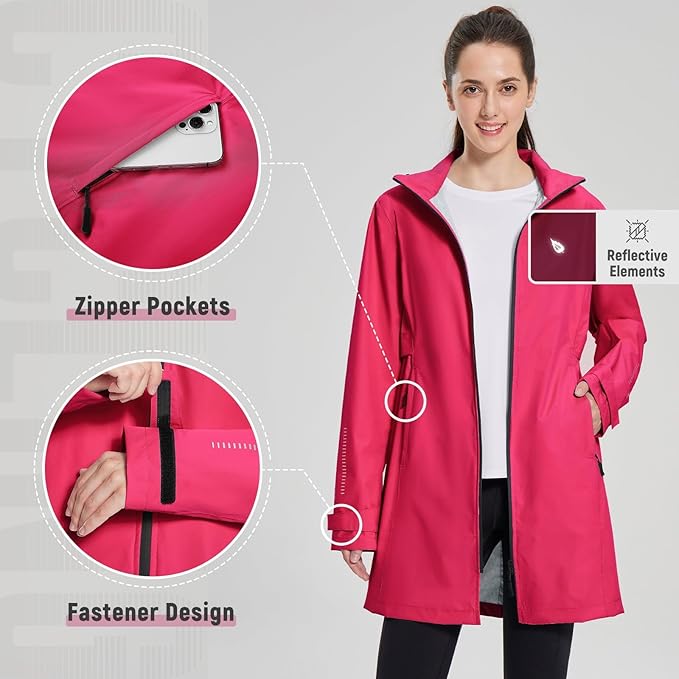 baleaf Women's Long Rain Coat Packable Waterproof Windbreaker Lightweight Cycling Jacket with Hood