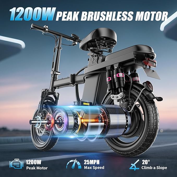 AZHAR Foldable Electric Bike for Adults Teens, 1200W Peak Motor, Up to 25 MPH, 45 Miles PAS Range, Dual Suspension, 14” Tires, 3-Speed Modes, Compact & Portable Electric Mini Bike, Commuting Ebike