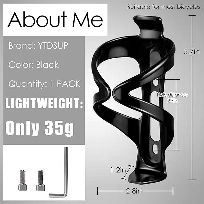 Bike Water Bottle Holder 1 Pack, Universal Bikes Cup Holder Cage, Ultra-Light Water Bottle Bike Cage with Stainless Steel Screws Tool, for Bicycle, Cycling, MTB, Road/Mountain Bikes - Black