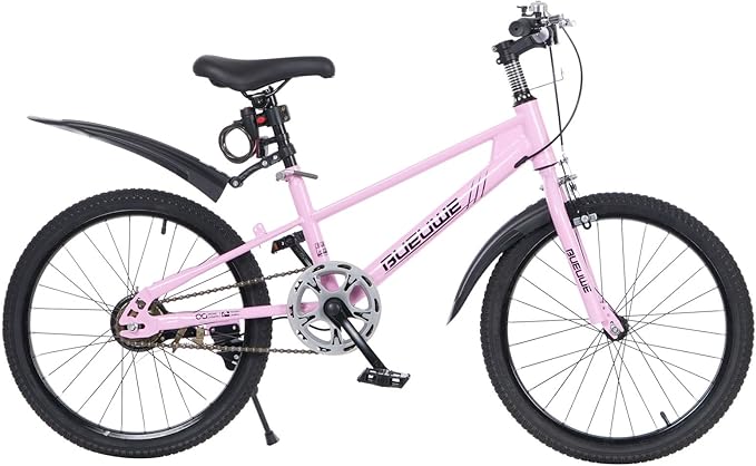Kids Mountain Bike 20/24 Inch for Boys & Girls Ages 7–15, Youth Bicycle with Dual V-Brakes, 180° Rotating Handlebar, Lock, Mudguards, Kickstand, Adjustable Seat (Pink, 20 Inch)