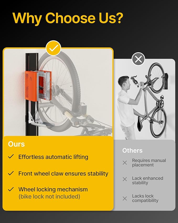 monTEK Automatic Lift Bike Rack – Fits 24-29" Tires, Heavy-Duty Vertical Wall Rack for Bicycles (Up to 71 lbs) - Effortless Lifting, Easy Install - Space-Saving Storage for Garage, Shed, BO