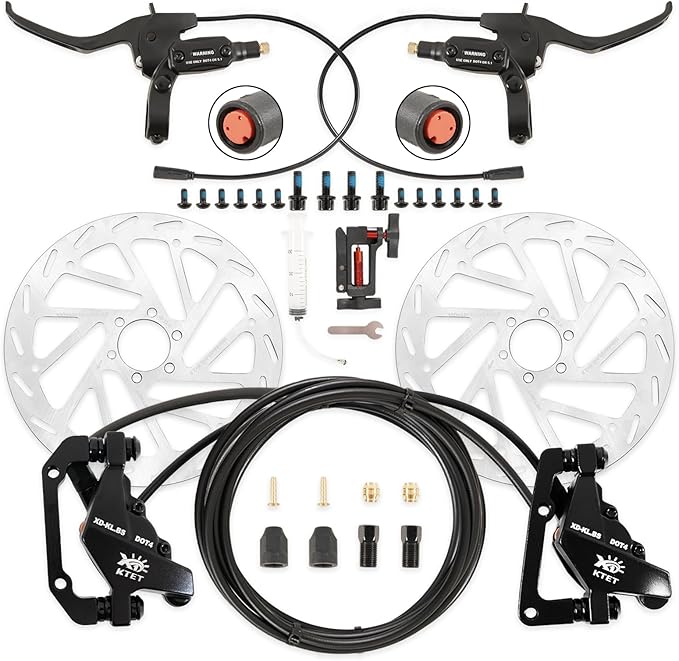 Hydraulic Brakes for Ebike: 2 PIN Female Waterproof Power-Off Connector, Pre-Bleed Filled with DOT 4 Brake Fluid Front and Rear Brakes Kit - 180mm 2.75mm Thickened Rotor (Include Hose Cutting Tool)