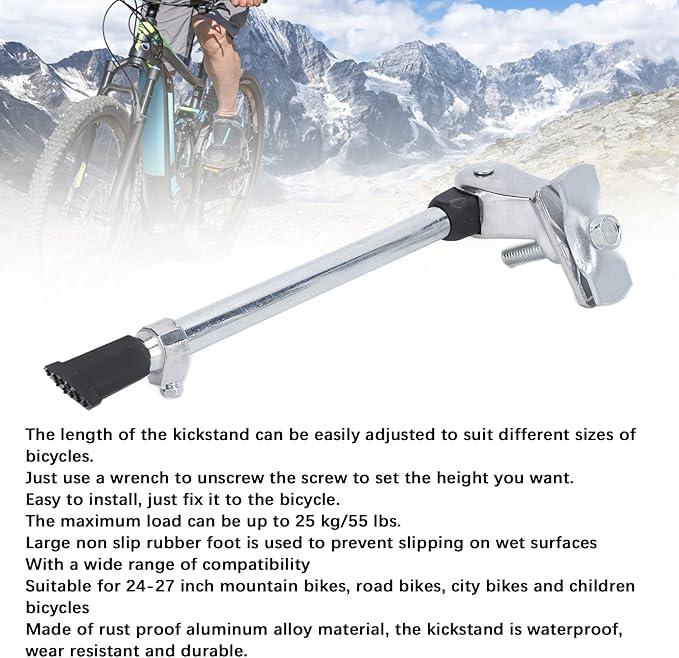 Bike Kickstand, Adjustable Aluminum Alloy Rear Mount Bicycle Kickstand for 24-27 Inch Road Mountain Bikes (Silver)
