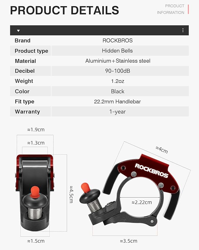 ROCKBROS Bike Bells Hidden MTB Bells Bicycle Bells for 22.2mm Handlebars, More Than 100dB, Clear & Long Sound Ringer, Mountain Bike, Scooter, Youth Bike