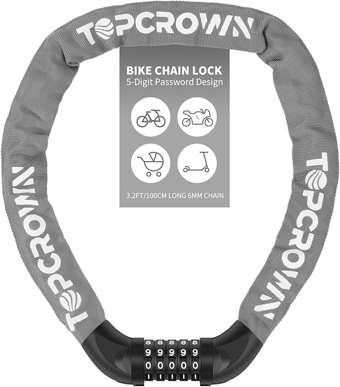 Bike Chain Lock 3.2Ft Long High Security Heavy Duty Anti Theft, 5 Digit Combination Resettable Keyless Bicycle Lock for Bike/Electric Scooter/Ebike/Motorcycle(Grey)
