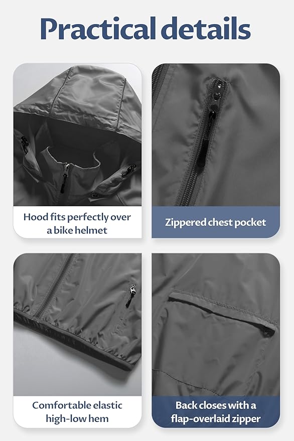 CREATMO US Men's Packable Waterproof Running Rain Coats Reflective Cycling Jacket Windbreaker With Removable Hood