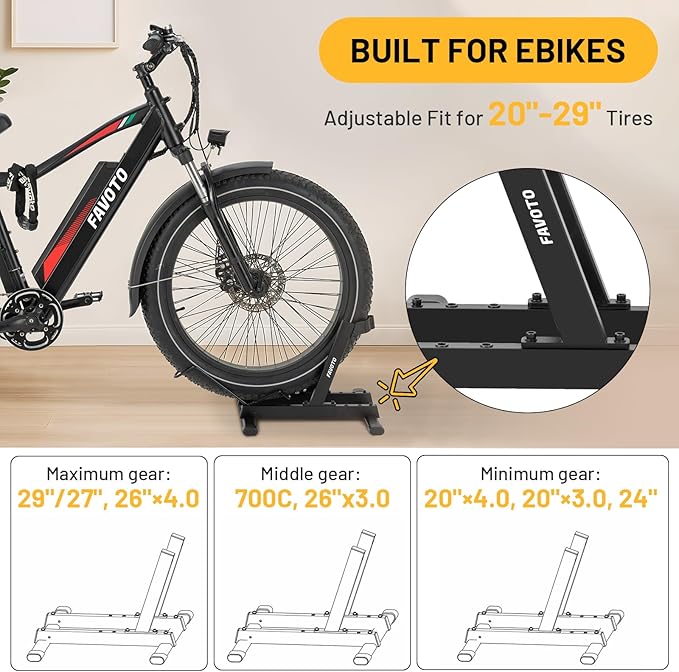 Favoto Bike Stand for E-Bikes, Road & Mountain Bicycles – Adjustable Indoor Floor Garage Storage Rack for 20"-29" Bikes and Fat Tires up to 4.0"