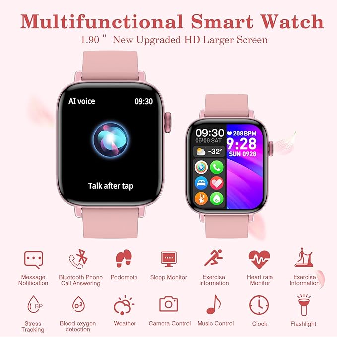 1.9" Smart Watch for Women - Bluetooth Call Fitness Tracker with Heart Rate/Sleep Monitor/Menstrual Reminder, DIY Watch Face Waterproof Smartwatch Compatible with Android iPhone (Pink)