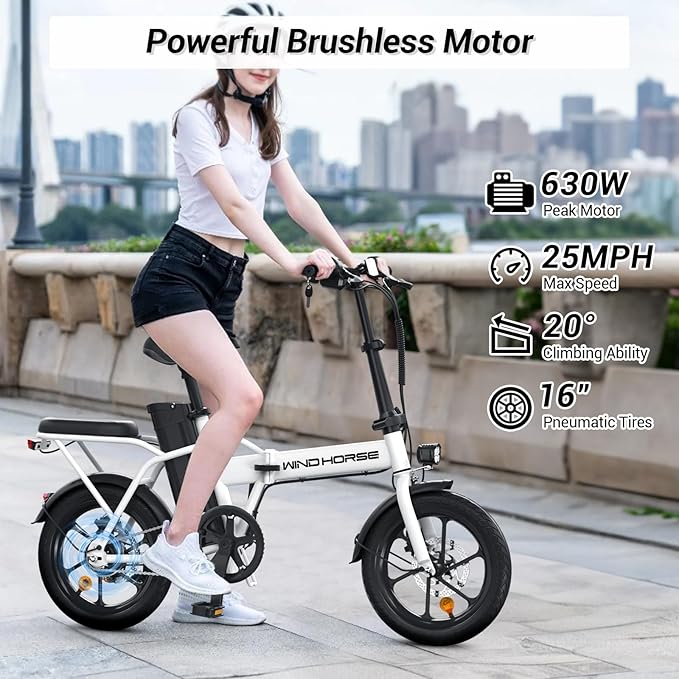 RIDWIND 16" Folding Electric Bike Adults, Peak 630W Adult Electric Bicycles, Up to 25 MPH and 35 Miles Foldable Ebikes, Electric Bike for Teens with 36V 8Ah Removable Battery, UL2849 Certificate