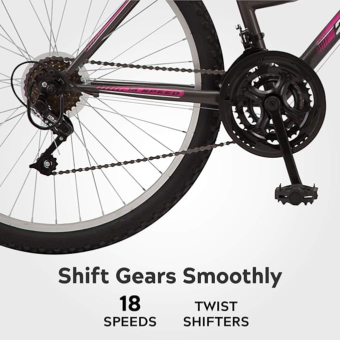 Pacific Mountain Sport Bike, 24 or 26 inch Mountain Bike for Youth and Adults, 18 Speed, Steel Frame, Knobby Tires, Front Suspension Fork, Twist Shifters, Linear Pull Brakes, Youth and Adult Bicycle