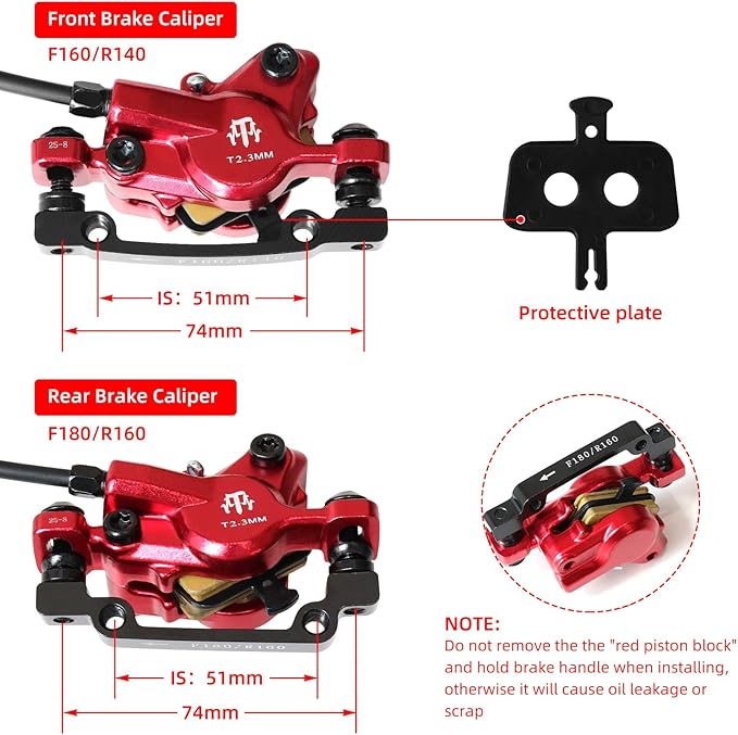 E-Bike Hydraulic Disc Brake Set, 2-PIN 2-Pistons Electric Power-Off Hydraulic Brakes Set, Left Front 950mm Right Rear 1880mm Pre-Bled with Mineral Oil Brakes Kit for eBike, MTB, Scooters