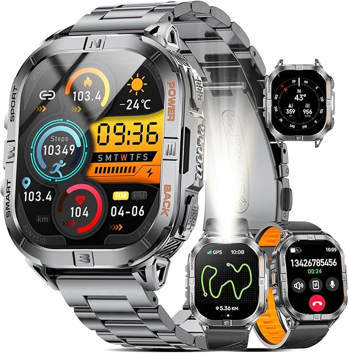 LIGE DM6 GPS Military Smart Watch for Men, 2.13'' AMOLED Always on Display Fitness Tracker, LED Flashlight/Compass/IP68 Waterproof Smartwatch, 170+ Sports Smartwatches for Android iOS, Black-Orange