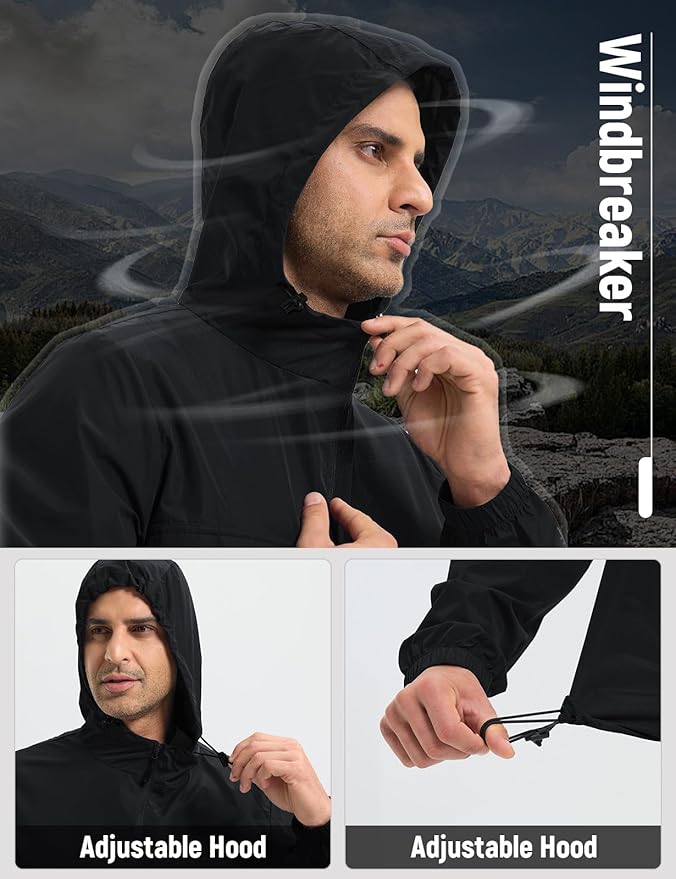 baleaf Men's Rain Jacket Water Resistant Hiking Windbreaker Packable Running Golf Gear Hood Raincoat Reflective