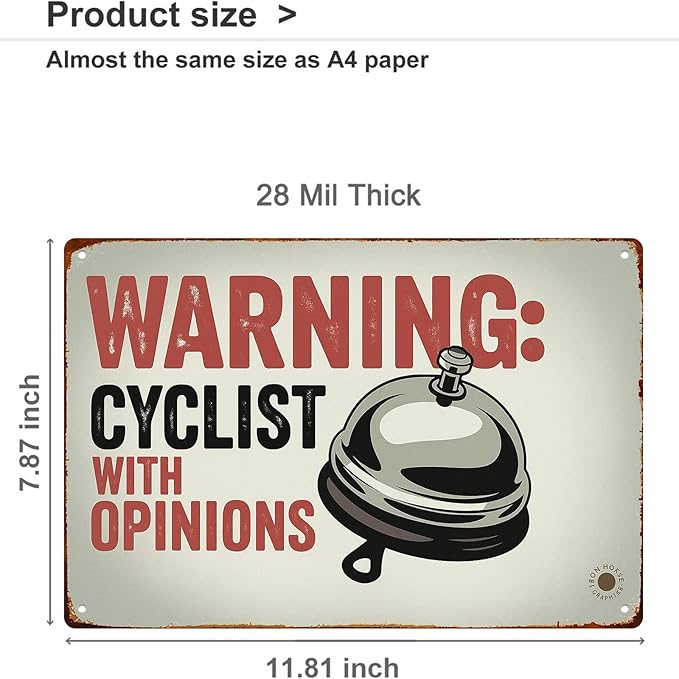 Warning Cyclist With Opinions Right Bell Cycling Vintage Funny Wall Decor 8 * 12 Inch Retro Metal Sign Posters For Kitchen Bathroom Farm Yard Bar Garage Man Cave Anywhere You Feel Is Appropriate