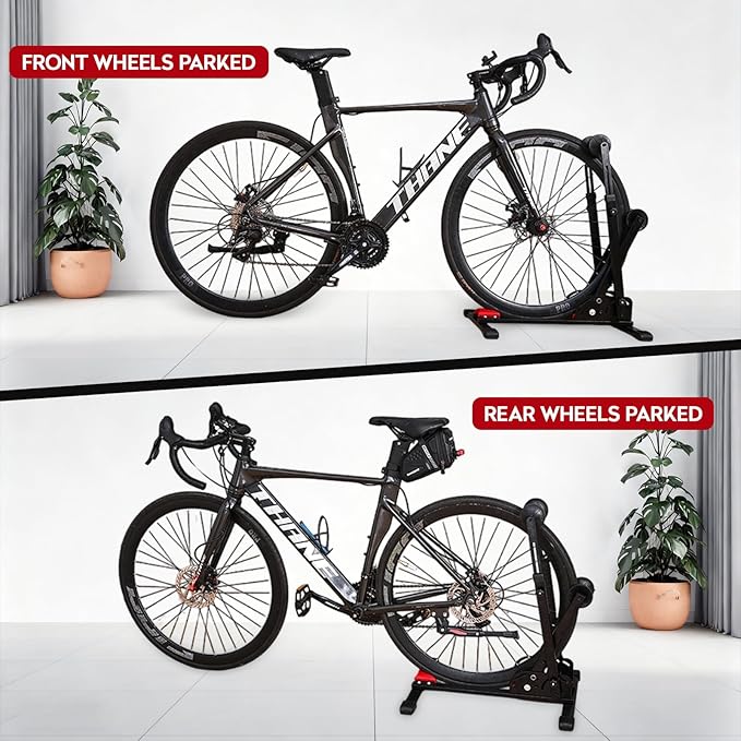 3-In-1 Foldable Bike Floor Stand, Portable Bike Storage for Garage, Up to 2.4" Tire Wide, MTB & Road Bicycle Floor Stand, Front Rear Wheel & Vertical Parking Rack Fit for 24"-29" Bikes