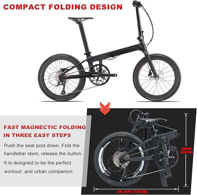 KABON Full Carbon Folding Bike, 20 Inch Lightweight Foldable Bicycle with 105 R700 11S Shift Groupset and Hydraulic Disc Brake Bike