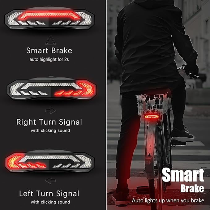 WSDCAM Bike Cargo Rack Tail Light with Turn Signals and Brake Light, Wireless Bike Horn Alarm, Auto On/Off USB C Rechargeable Bicycle Tail Light Rear Rack Bike Light Turn Signal Lights for Road Safety