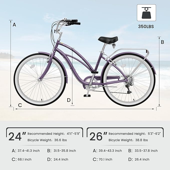 MOPHOTO 24" 26" Adult Bike 7-Speed Beach Cruiser Bike for Adults, Rear Rack, Fenders, Step-Through or Classic Frame