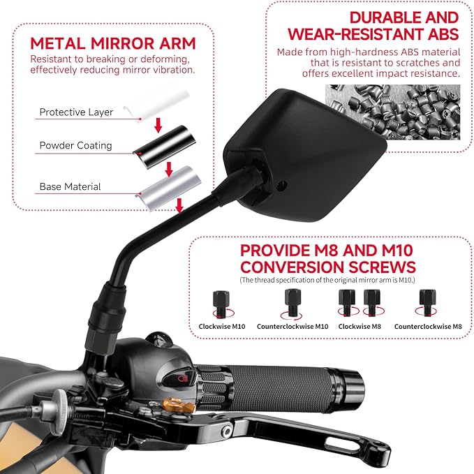 DREAMIZER Motorcycle Rear View Mirror - with M8 M10 Threaded Bolts, 7/8" Handlebar Mirror Mount Compatible with Motorcycle Scooter Moped Polaris Sportsman ATV Dirt Bike Cruiser