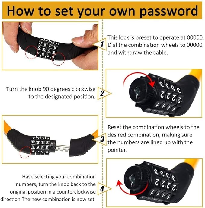 Sanwo Security Bike Lock 4 Digit Resettable Combination Cable Lock for Bicycle, 2 Feet x 1/2 Inch