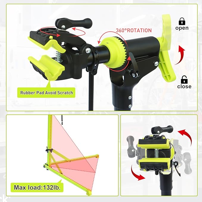 E Bike Stand Repair (Max 132 lbs) - Foldable Bike Stand for Maintenance of Road Bike Stand& Mountain Bike Stand,Bicycle Repair Stand for E-bikes with Super-strong Tube,Height Adjustable Portable Bicycle Heavy Duty Mechanics Workstands