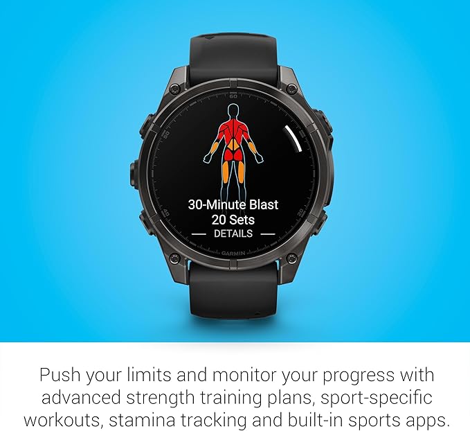 Garmin Fenix 8 Premium Multisport GPS Running Smartwatch, 47 mm | AMOLED, Dive-Rated, Built-in Flashlight | Carbon Gray DLC Titanium with Pebble Gray Band with Signature Series Charging Stand