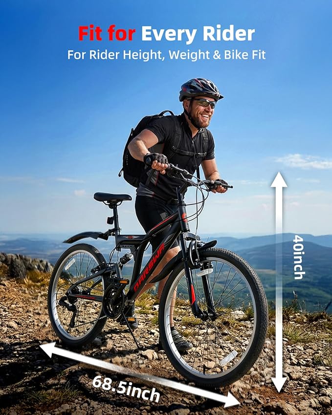 24 Inch Mountain Bike for Men & Women, 21-Speed Full Suspension MTB, High-Carbon Steel Frame, Quick Release Front Wheel, Dual Fenders, Easy Assembly, Trail & Commuter Bicycle