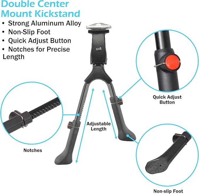 Lumintrail Center Mount Bike Double Leg Kickstand - Adjustable Height Kick Stands for 24, 26, 27.5, 29 Inch Adult Bicycles - Perfect for Cruiser, Road and Hybrids