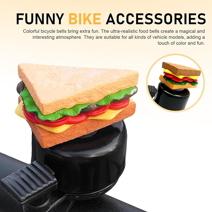 Bike Bell, Cute Sandwich Shaped Aluminum Alloy Bicycle Bell with Loud Crisp Clear Sound, Funny Decorative Cycling Accessory, Universal for Balance, Scooters, Bikes (Yellow)