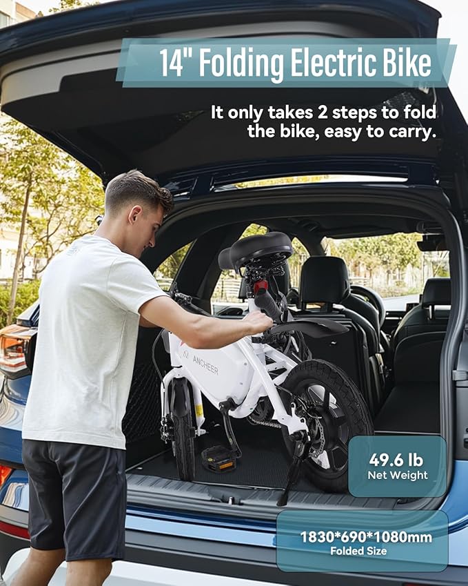 ANCHEER 14” Folding Electric Bike for Adults, 20MPH Ebike with 350W Motor[Peak 500W], 48V 374Wh Battery, Cruise Control, UL2849 Compliant Electric Bicycle, Compact Electric Mini Bike for Teens