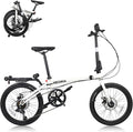 MEGHNA 20 inch Folding Bike Triple-Fold Commuter Bike 7 Speed Portable Folding Bicycle Dual Disc Brakes 20 x 1.75 inch Tire Flat Handlebar Bike with Cargo Rack, Multi - Colors (White/Blue/Green)