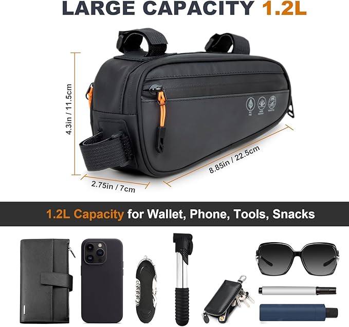 NDakter Bike Triangle Frame Bag, Bicycle Storage Pouch with 2 Side Pockets, 3-in-1 Top Tube Bags for Phone, Waterproof Cycling Tool Accessories Pack for MTB Mountain Road Bikes（1.2L）