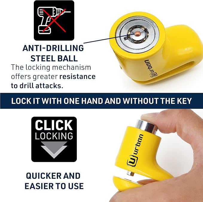 URBAN 564A Most Compact Motorcycle Disc Lock, ø5mm, Lightweight, and Portable, More Visible, More Deterrent, Steel, Universal Anti Theft Wheel Brake Lock for Motorbike Scooter Electric Bike Bicycle